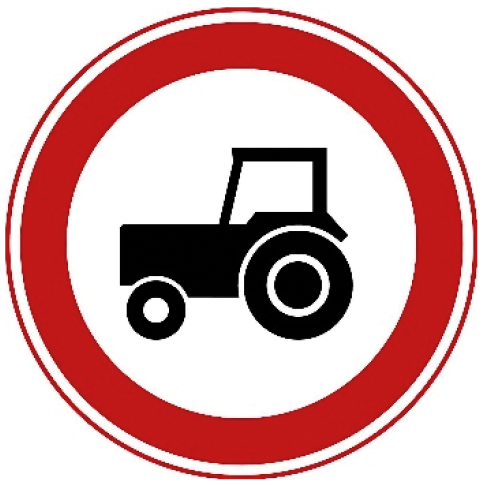 Verkeersbord C8: Gesloten voor landbouw- en bosbouwtrekkers, motorrijtuigen met beperkte snelheid en mobiele machines