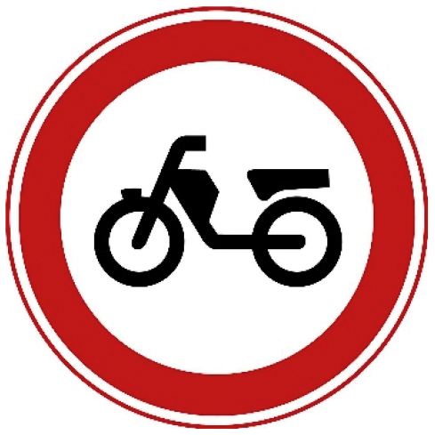 Verkeersbord C13: Gesloten voor bromfietsen, snorfietsen en gehandicaptenvoertuigen, met in werking zijnde motor