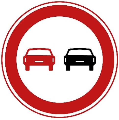 Verkeersbord F1: Verbod voor motorvoertuigen om elkaar onderling in te halen