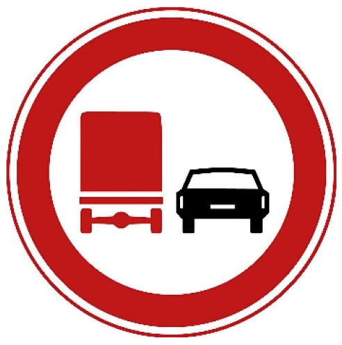 Verkeersbord F3: Verbod voor vrachtauto's om motorvoertuigen in te halen