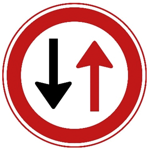 Verkeersbord F5: Verbod voor bestuurders door te gaan bij nadering van verkeer uit tegengestelde richting