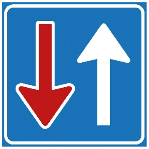 Verkeersbord F6: Bestuurders uit tegengestelde richting moeten verkeer dat van deze richting nadert voor laten gaan