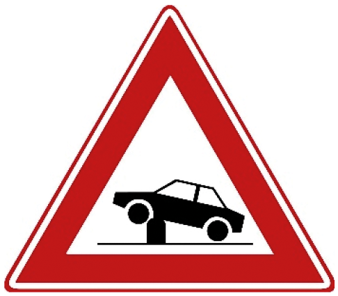Verkeersbord J39: Waarschuwing voor elektrische in- en uitschuifbare paal in de rijbaan (poller) waarmee toegankelijkheid van straten en gebieden kan worden geregeld.