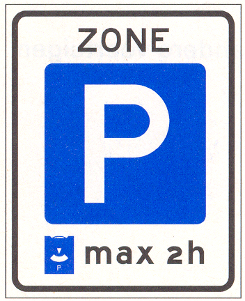 Verkeersbord E10: Parkeerschijf-zone met verplicht gebruik van parkeerschijf, tevens parkeerverbod indien er langer wordt geparkeerd dan de parkeerduur die op het bord is aangegeven