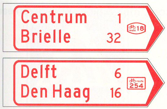 Verkeersbord K7: Wegwijzer voor fietsers en bromfietsers (handwijzer), met lokaal doel, interlokaal doel, stedelijk fietsroutenummer (boven), en met interlokale doelen en interlokaal fietsroutenummer (onder)